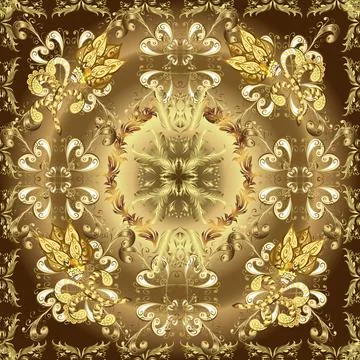 Golden elements in oriental style arabesques. Seamless pattern on beige, brown a Stockillustratie