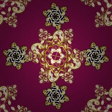 Golden elements on purple, yellow and brown colors. Seamless oriental ornament i Illustrazione stock