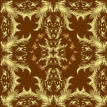 Golden elements on yellow, neutral and brown colors. Sketch baroque, damask. Sea Illustrazione stock