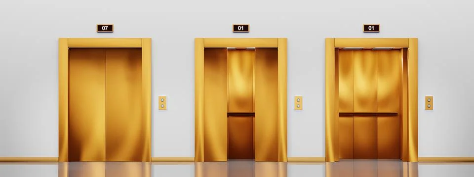 Golden elevator with closed, ajar and open lift doors in hallway. Empty office Stock Illustration