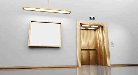 Golden elevator with open door and ad blank billboard or hang LCD screen on wall Illustrazione stock