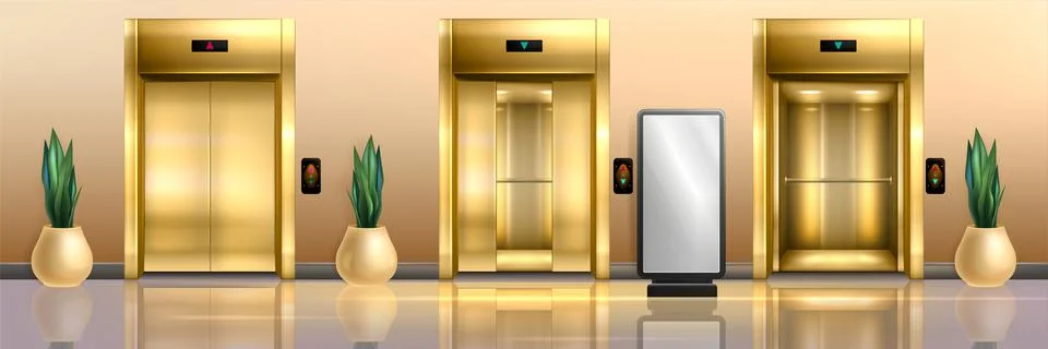 Golden elevators in hallway with button panel, plants and floor led poster Stock Illustration