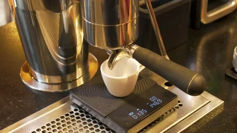 Golden Espresso Shot Pulling into Ceramic Cup on Precision Scale, Third Wave Stock Footage 336033836