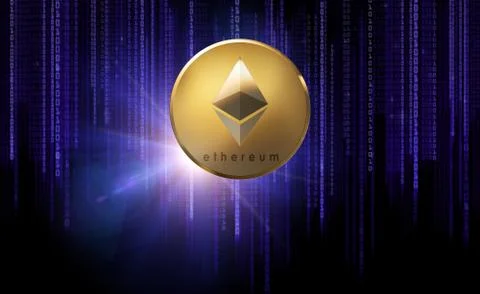 Golden ethereum coin over binary code on black Illustrazione stock