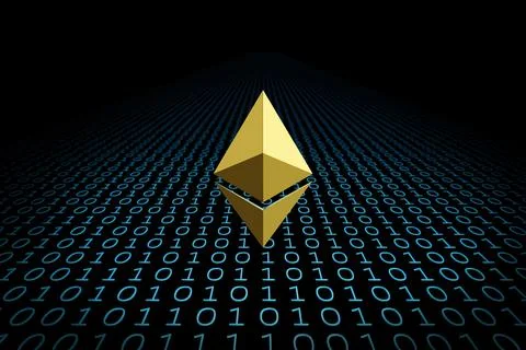 Golden Ethereum symbol surrounded by binary code. 3d illustration. Stock Photos
