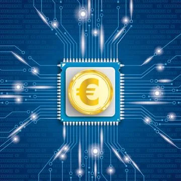Golden Euro Coin Microchip Processor Lights Stock Illustration