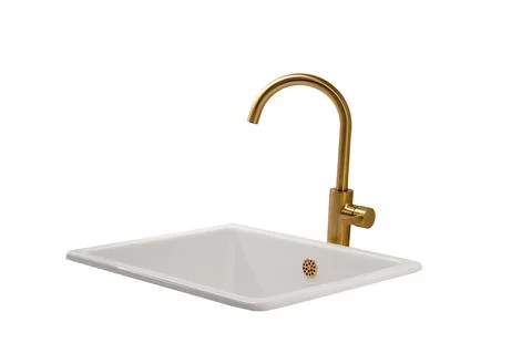 Golden faucet and rectangular white sink isolated on white background Stock Photos