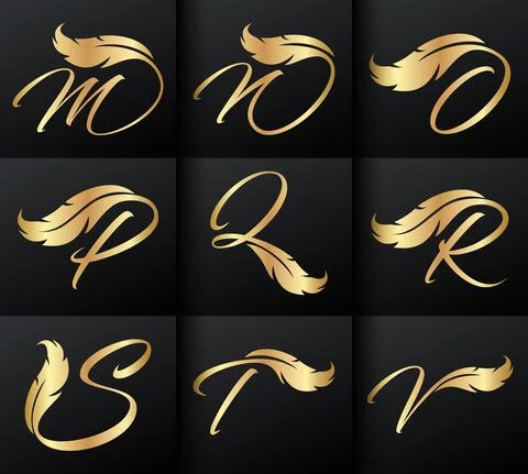 Golden Feather and Monogram Initial Letter Stock Illustration