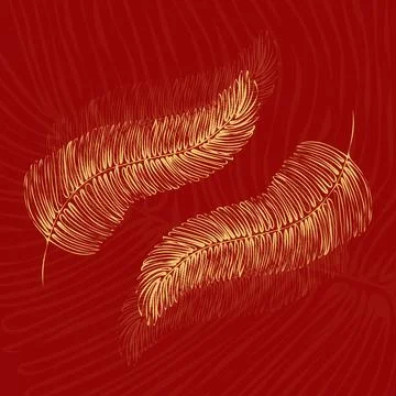 Golden feathers on red background Stock Illustration