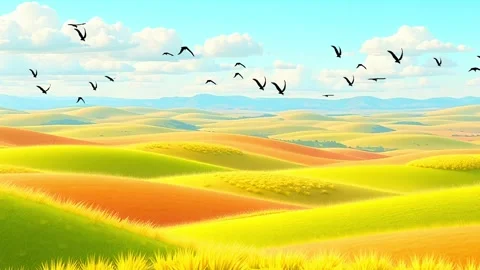 Golden Fields Under a Blue and Cloudy Sky: Animated Landscape with a Flock of B Stock Footage 308847687