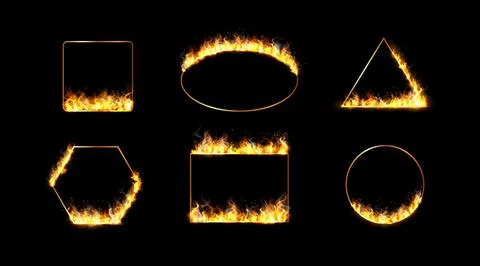 Golden fire flame frames, fiery rectangle, triangle, hexagon, oval and circle Stock Illustration