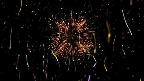Golden firework explosion with falling confetti streamers on a black background Stock Footage 341908067