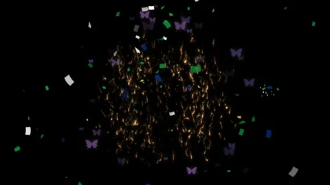 Golden firework explosion with floating purple butterflies on a black background Stock Footage 344918814