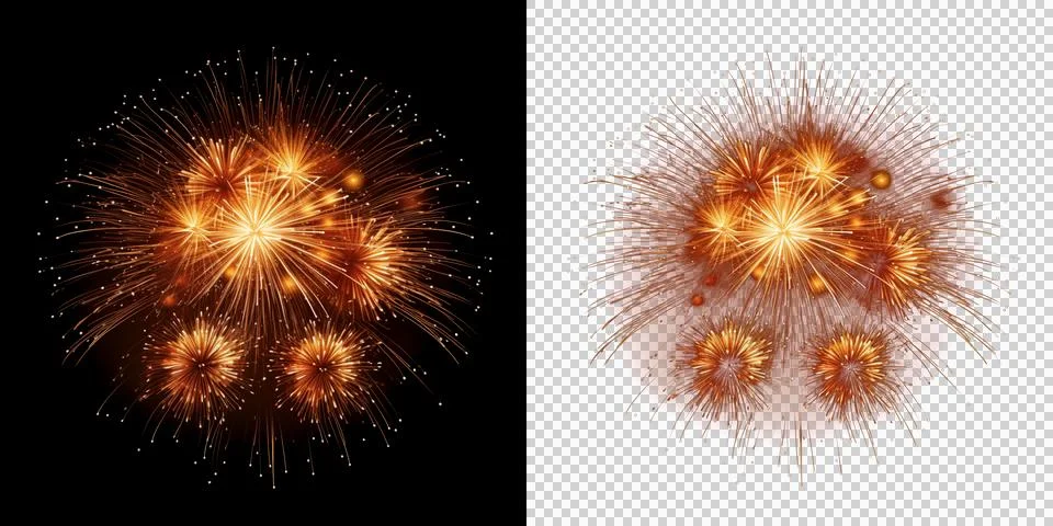 Golden firework explosions isolated on white and dark backgrounds for festi.. Illustrazione stock