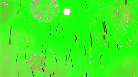 Golden fireworks display exploding against a vibrant green screen background Stock Footage 345635118