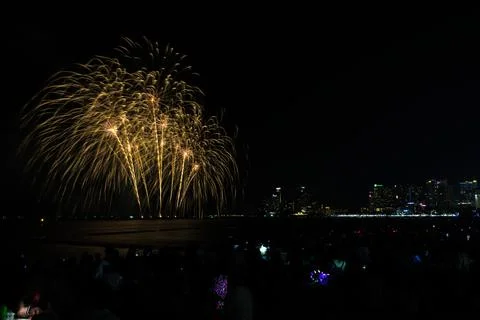Golden Fireworks Exploding Above Coastal Cityscape At Night Wide Shot Stock Photos