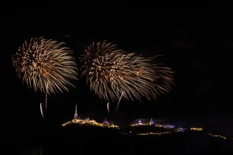 Golden Fireworks Exploding Above Illuminated Phra Nakhon Khiri Historical P.. Stock Photos