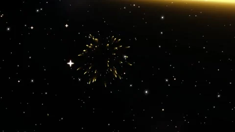 Golden fireworks exploding against a dark night sky with shimmering stars with Stockbeeldmateriaal 346965333