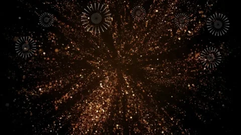 Golden fireworks exploding in dark night sky with sparkles with creating Stock Footage 345567490