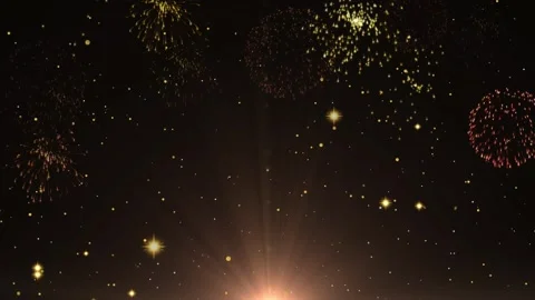 Golden fireworks exploding in night sky with sparkling lights Stock Footage 338215713