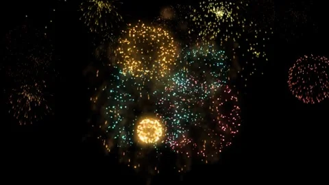 Golden fireworks exploding in night sky. Bright pyrotechnic display for holiday 스톡 동영상 340380840