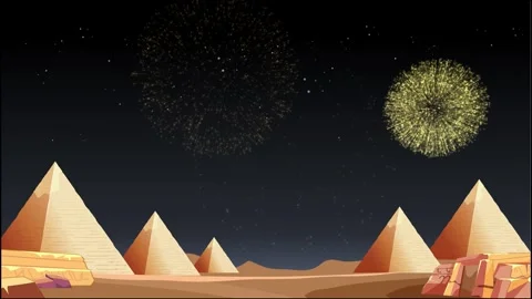 Golden Fireworks Exploding Over Ancient Egyptian Pyramids at Night 動画素材 328339734