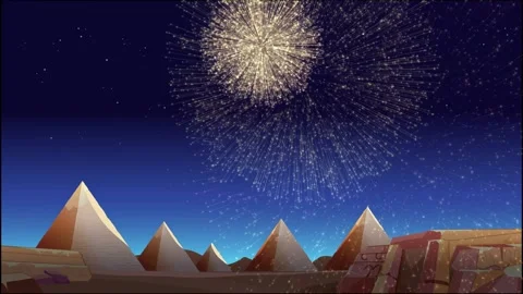 Golden Fireworks Exploding Over Ancient Egyptian Pyramids in Night Sky 스톡 동영상 335197308