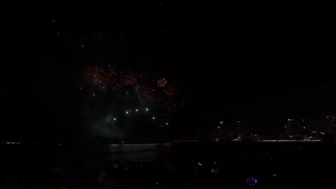 Golden Fireworks Exploding Over Coastal Bay In Pattaya Thailand Wide Shot Stockbeeldmateriaal 346682267