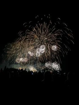 Golden fireworks exploding over crowd silhouettes at night Фото