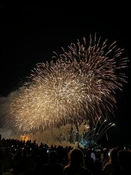 Golden fireworks exploding over crowd at night Stockfoto's