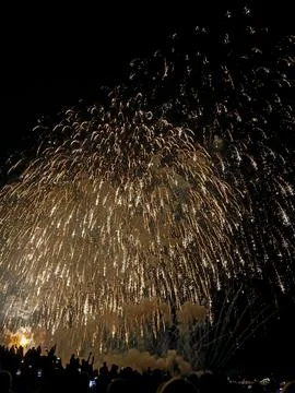 Golden fireworks exploding over crowd at 22 July Cannes Fotos de archivo