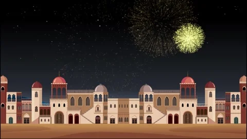 Golden Fireworks Exploding Over a Middle Eastern City Skyline at Night Stock Footage 328339750