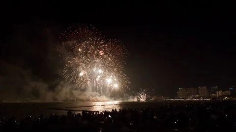 Golden Fireworks Exploding Over Ocean Horizon Night Wide Shot Stockbeeldmateriaal 337998299