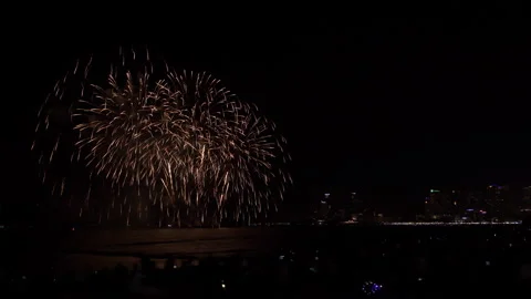 Golden Fireworks Exploding Over Ocean Coastline In Pattaya Thailand Wide Shot 스톡 동영상 338383779