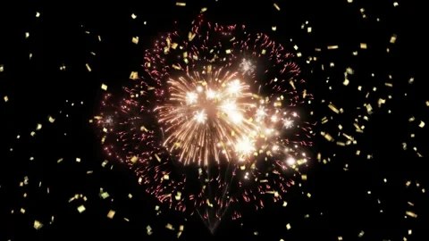 Golden fireworks explosion with falling confetti on a black background for Stock Footage 344918417