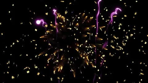 Golden fireworks explosion with falling confetti on a black background for Stock Footage 345016881