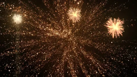 Golden fireworks explosion in night sky, festive celebration background with Stock Footage 345015855