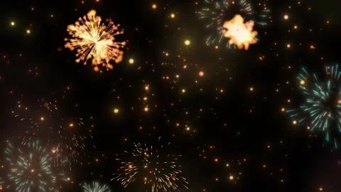 Golden fireworks explosion over dark night sky for new year celebration Vidéo 347115232