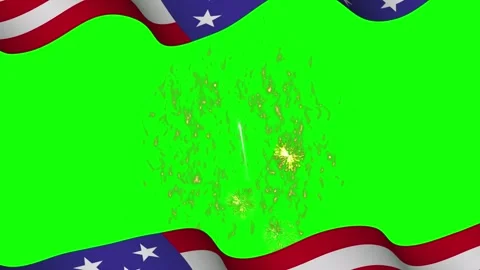 Golden fireworks explosion with US flags. Patriotic pyrotechnics on green Stock Footage 340715562