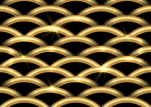 Golden fish-scale pattern. Beautiful oriental tiled trellis of 3d half-circles Stock Illustration