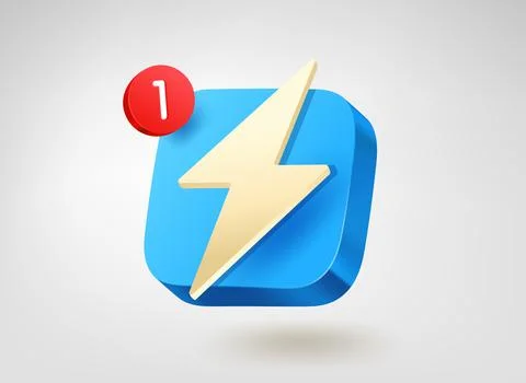 Golden flash on blue button. 3d vector mobile application icon Stock Illustration