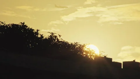 Golden Flight: Backlit Sun and Radiant Beams with Airplane Passing Through Cloud Stock Footage 322018939