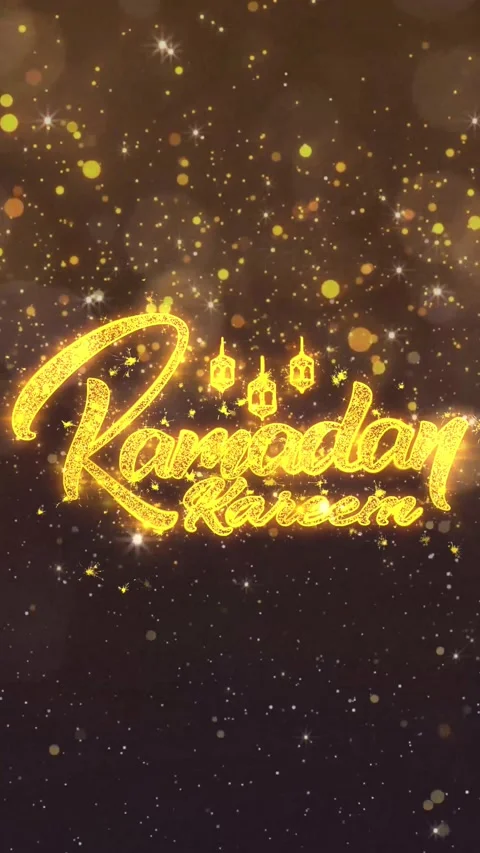 Golden floating dust circle particles with Ramadan Kareem glitter title Video stock 327220189