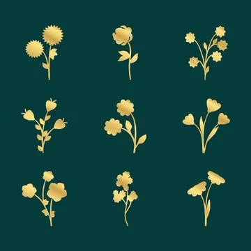 Golden floral elements set on dark green background Illustrazione stock