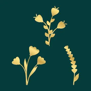 Golden floral elements trio set on dark green backdrop Illustrazione stock