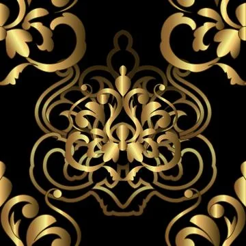 Golden floral pattern on a black background, damask seamless golden wallpaper Ilustración de archivo
