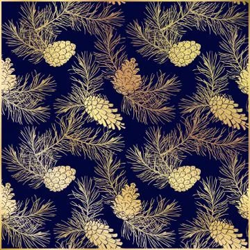 Golden floral pattern with pine cones and branches. Stock Illustration