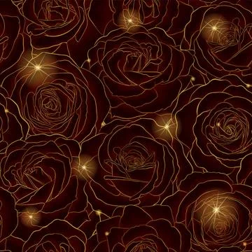 Golden flowers rose seamless pattern line gold in retro style on black back.. イラスト素材
