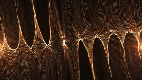 Golden flowing mesh waves with glowing lines and particles forming an elegant Stock Footage 331513797
