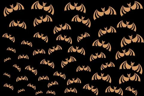 Golden Flying Bats Seamless Pattern, Black Background Halloween Vector JPG-E Stock Illustration